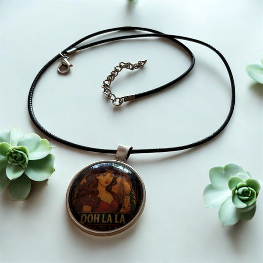 “Ooh La La” pendant with black cord necklace