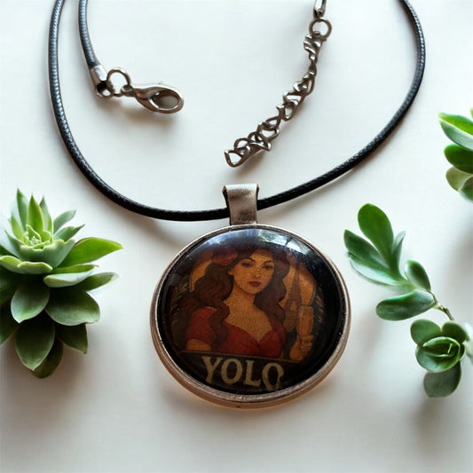 “YOLO” retro pendant with black cord necklace