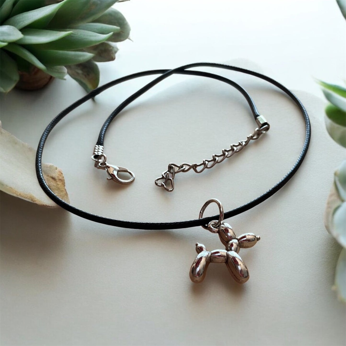 Baloon dog pendant with black cord necklace
