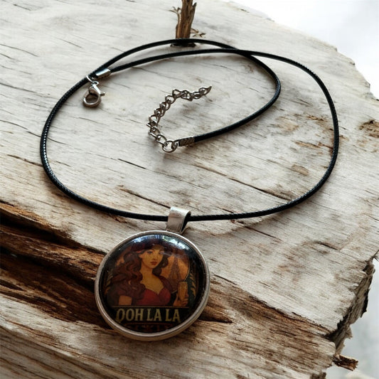 “Ooh La La” pendant with black cord necklace
