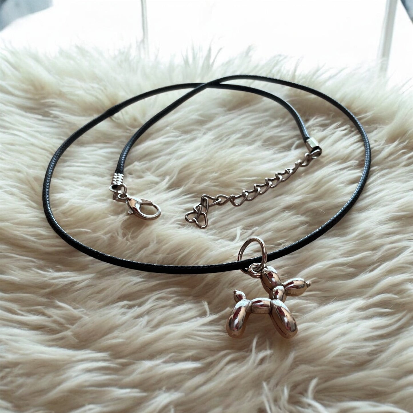 Baloon dog pendant with black cord necklace