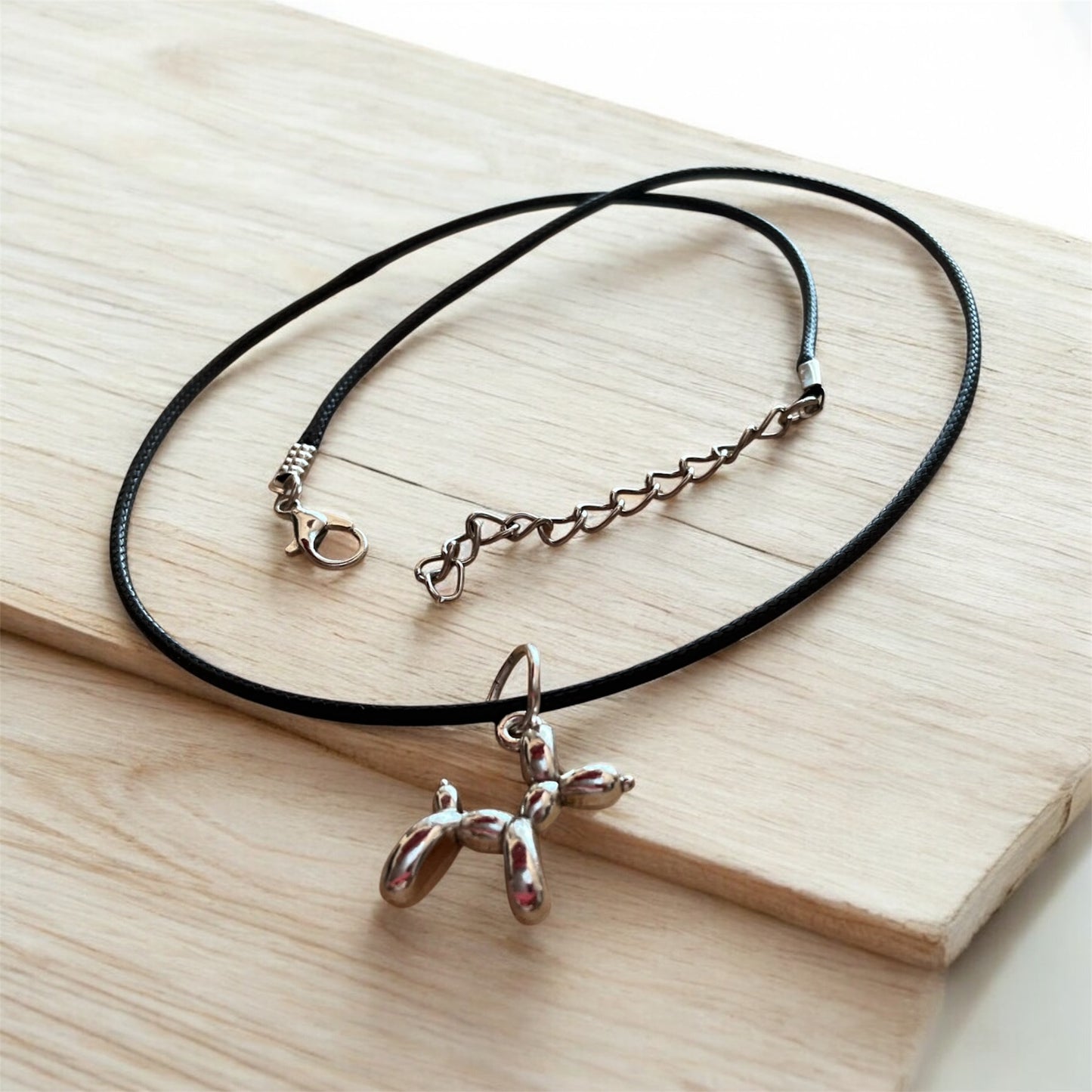 Baloon dog pendant with black cord necklace