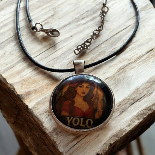 “YOLO” retro pendant with black cord necklace