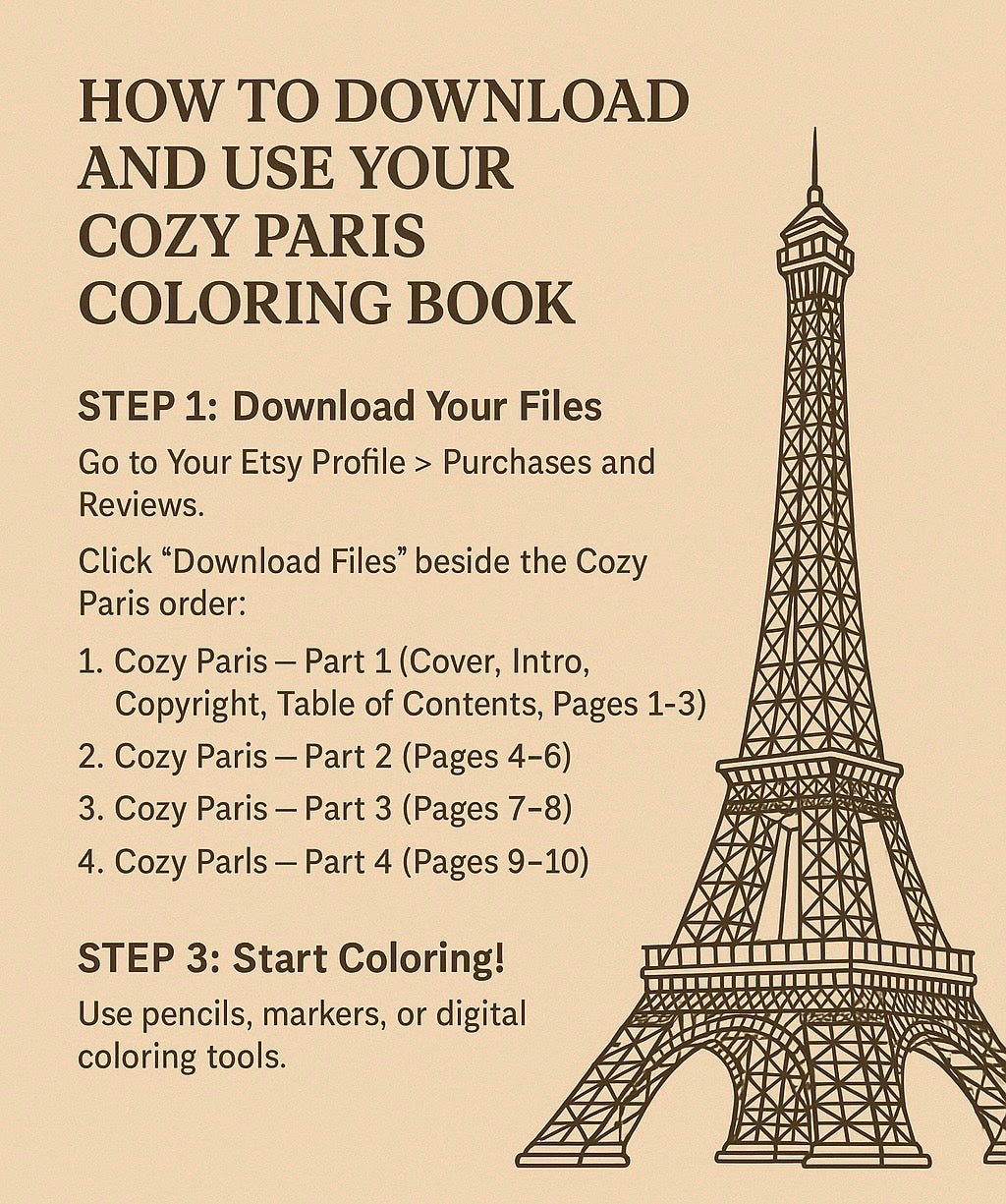 Cozy Paris Coloring Book Volume 1 | 10 Printable Paris Scenes | Adult Coloring Pages Digital Download