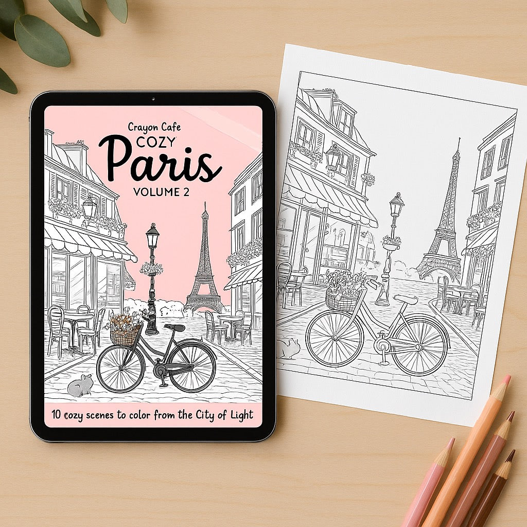 Cozy Paris Coloring Book Volume 2 | 10 Printable Paris Scenes | Adult Coloring Pages Digital Download