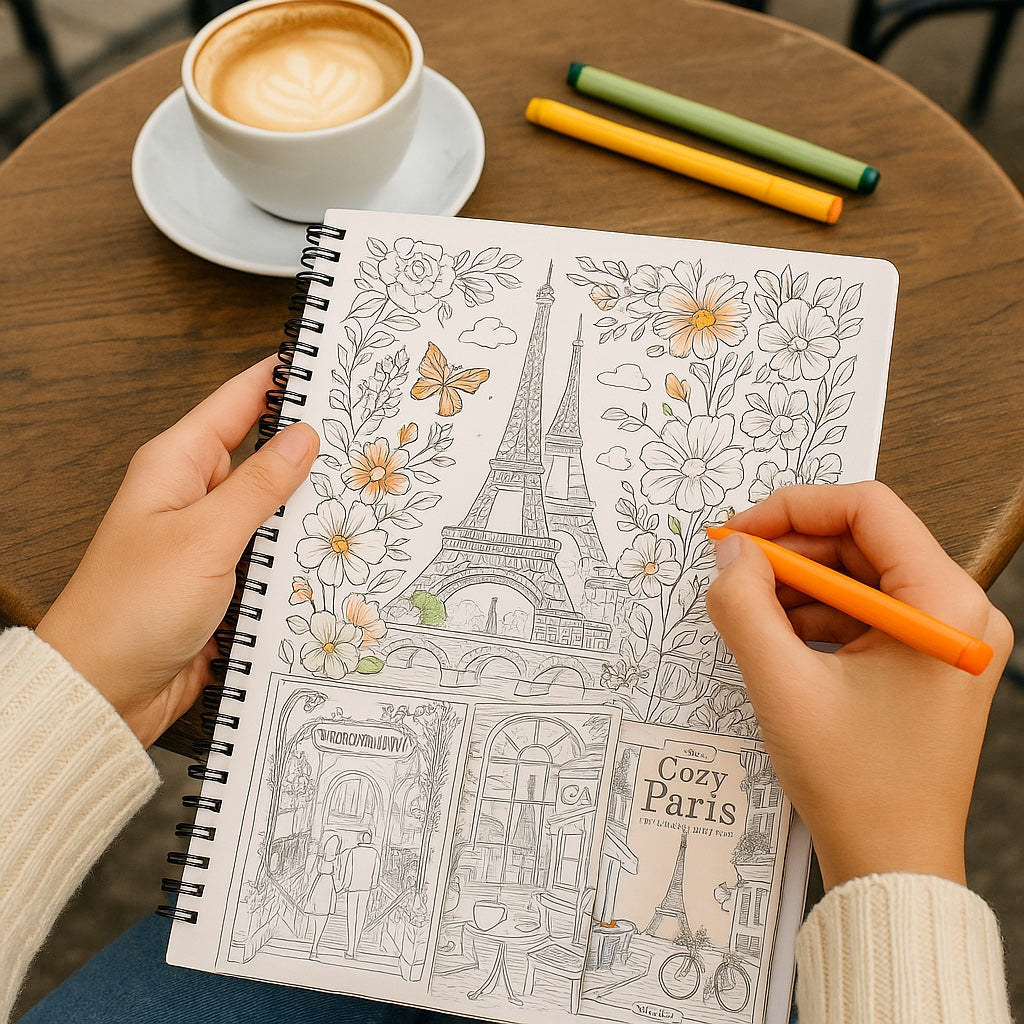Cozy Paris Coloring Book Volume 1 | 10 Printable Paris Scenes | Adult Coloring Pages Digital Download