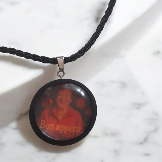 Julia Child retro pendant with black cord necklace