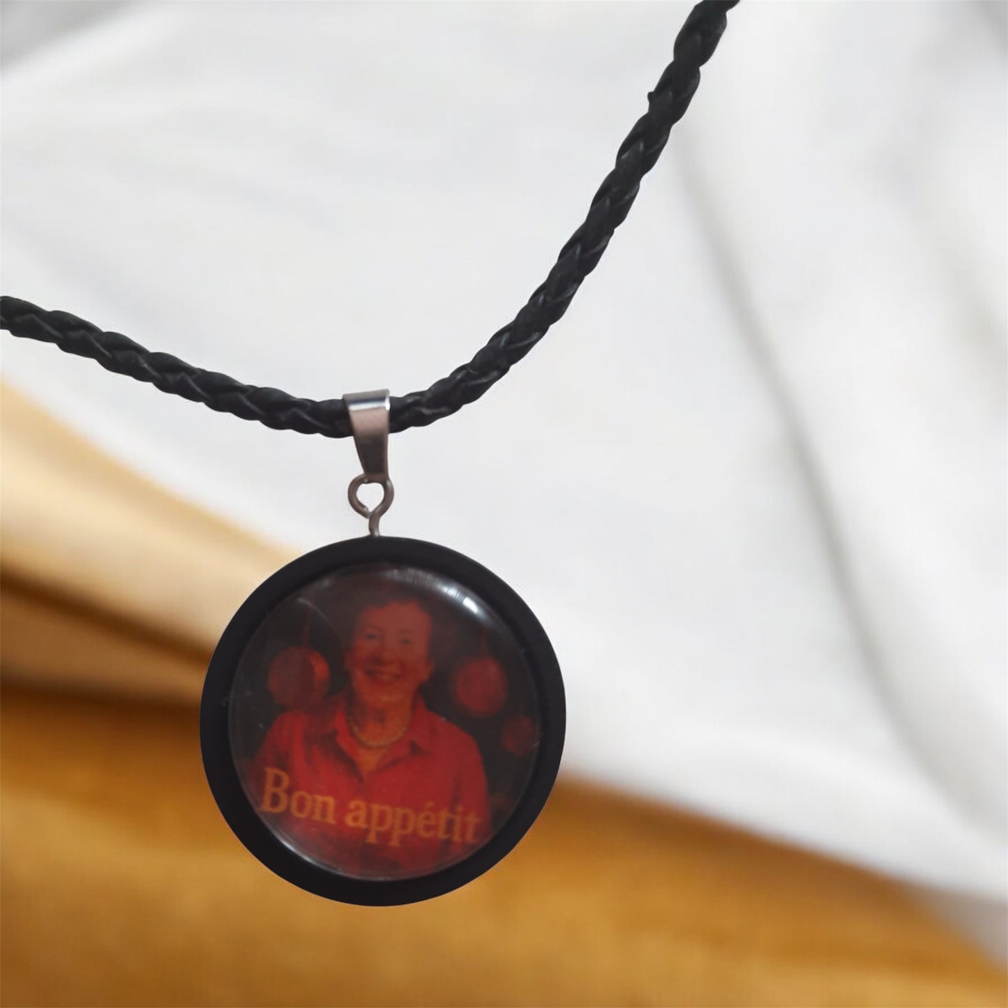 Julia Child retro pendant with black cord necklace