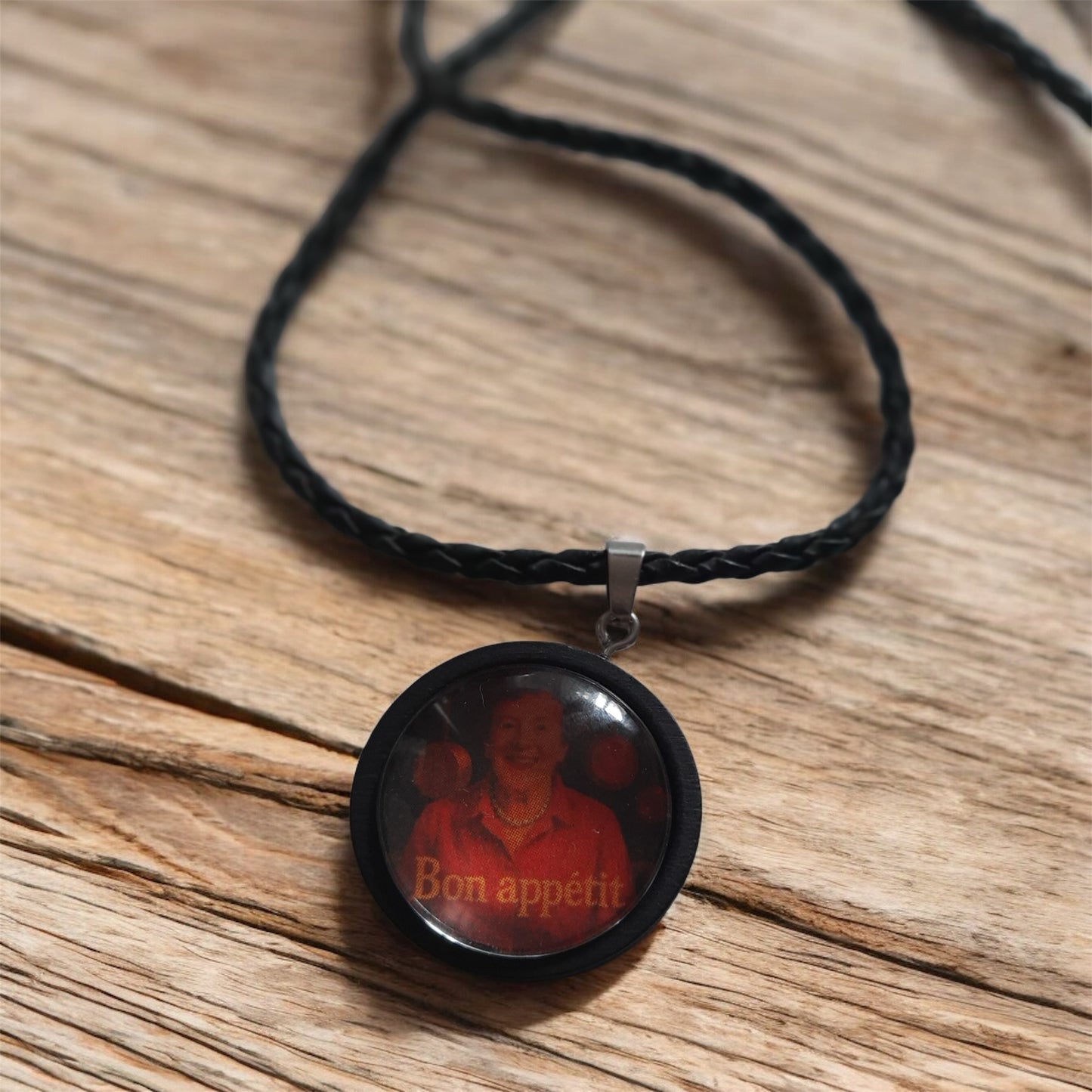 Julia Child retro pendant with black cord necklace