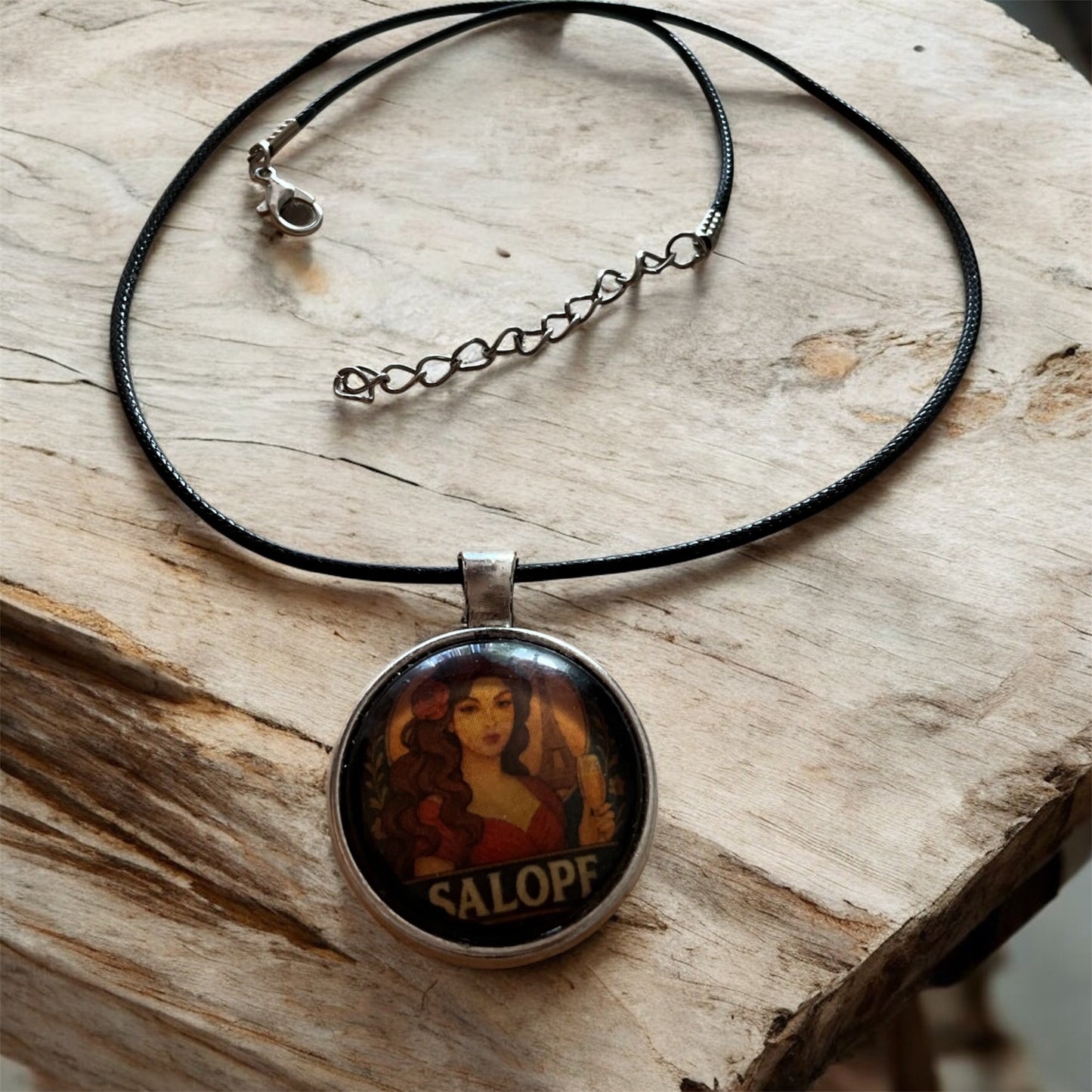 “Salope” retro pendant with black cord necklace