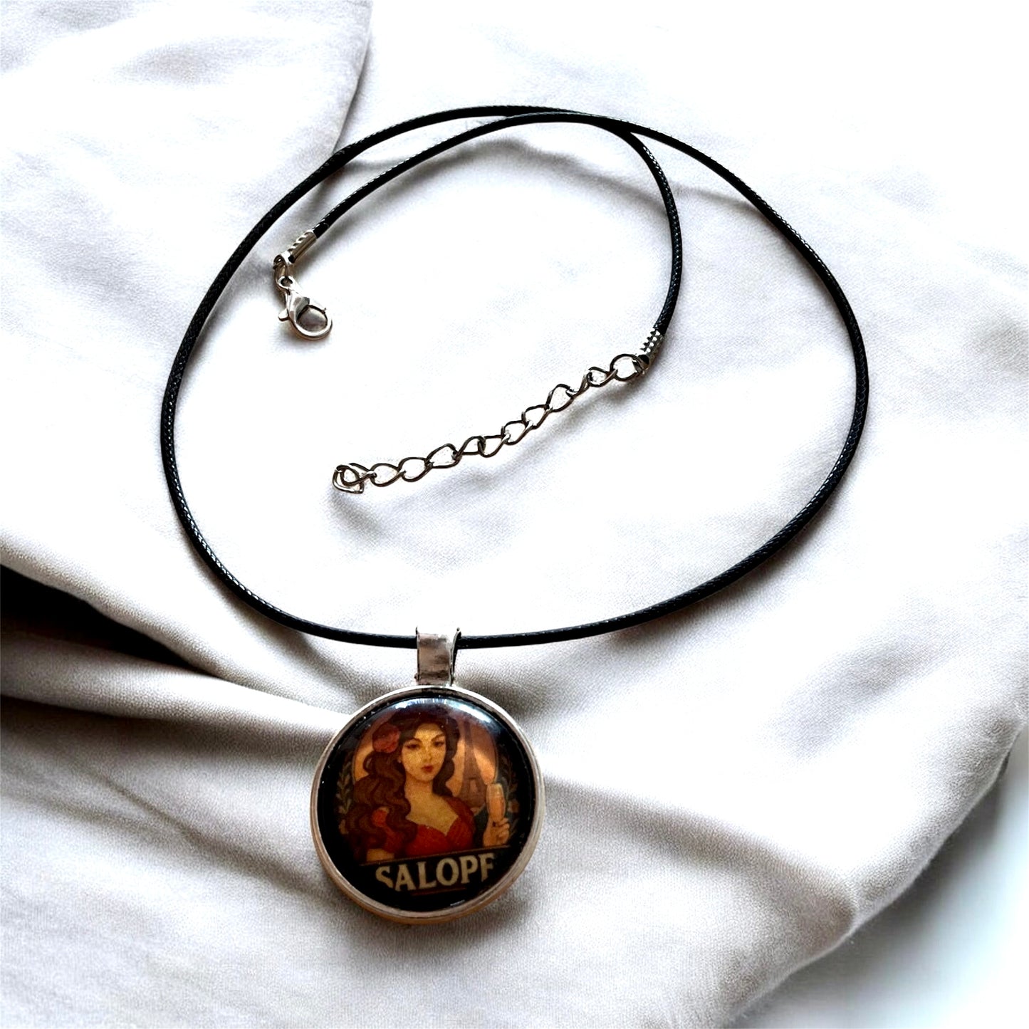 “Salope” retro pendant with black cord necklace