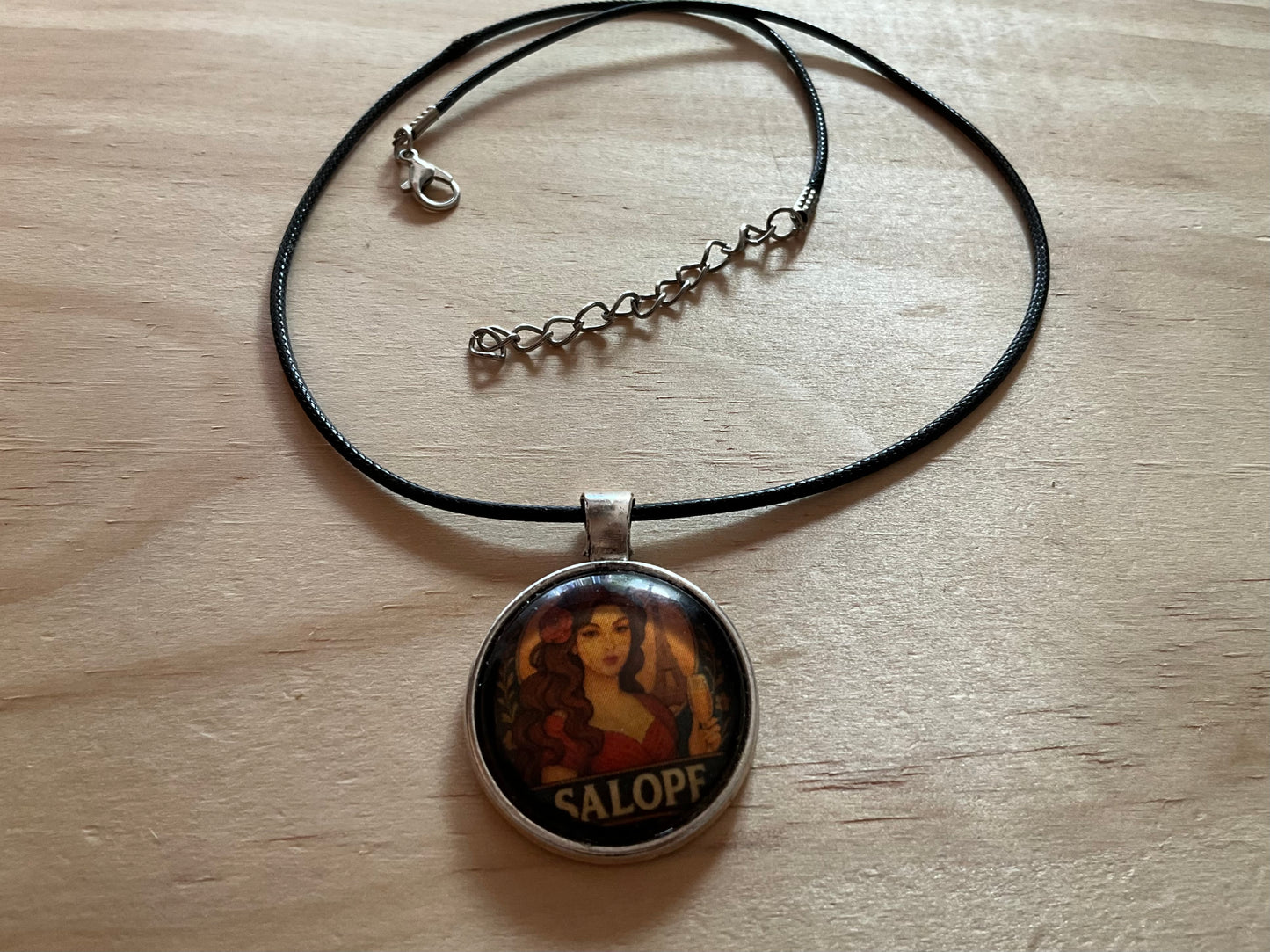 “Salope” retro pendant with black cord necklace