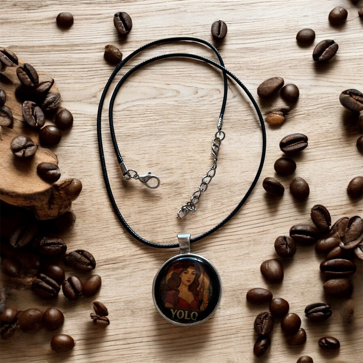 “YOLO” retro pendant with black cord necklace