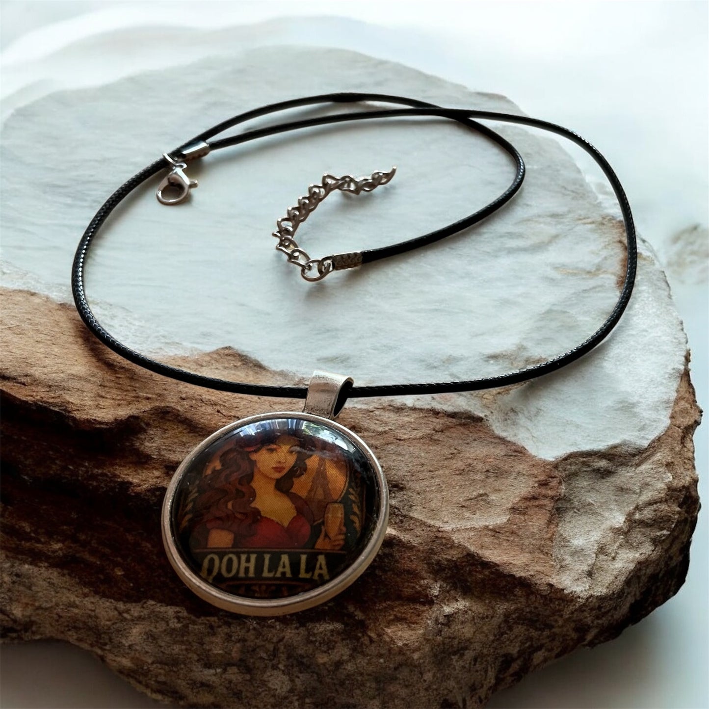 “Ooh La La” pendant with black cord necklace
