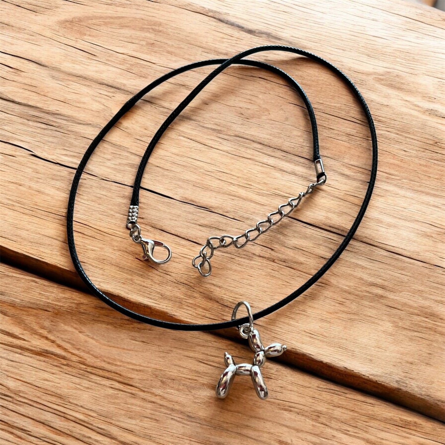 Baloon dog pendant with black cord necklace