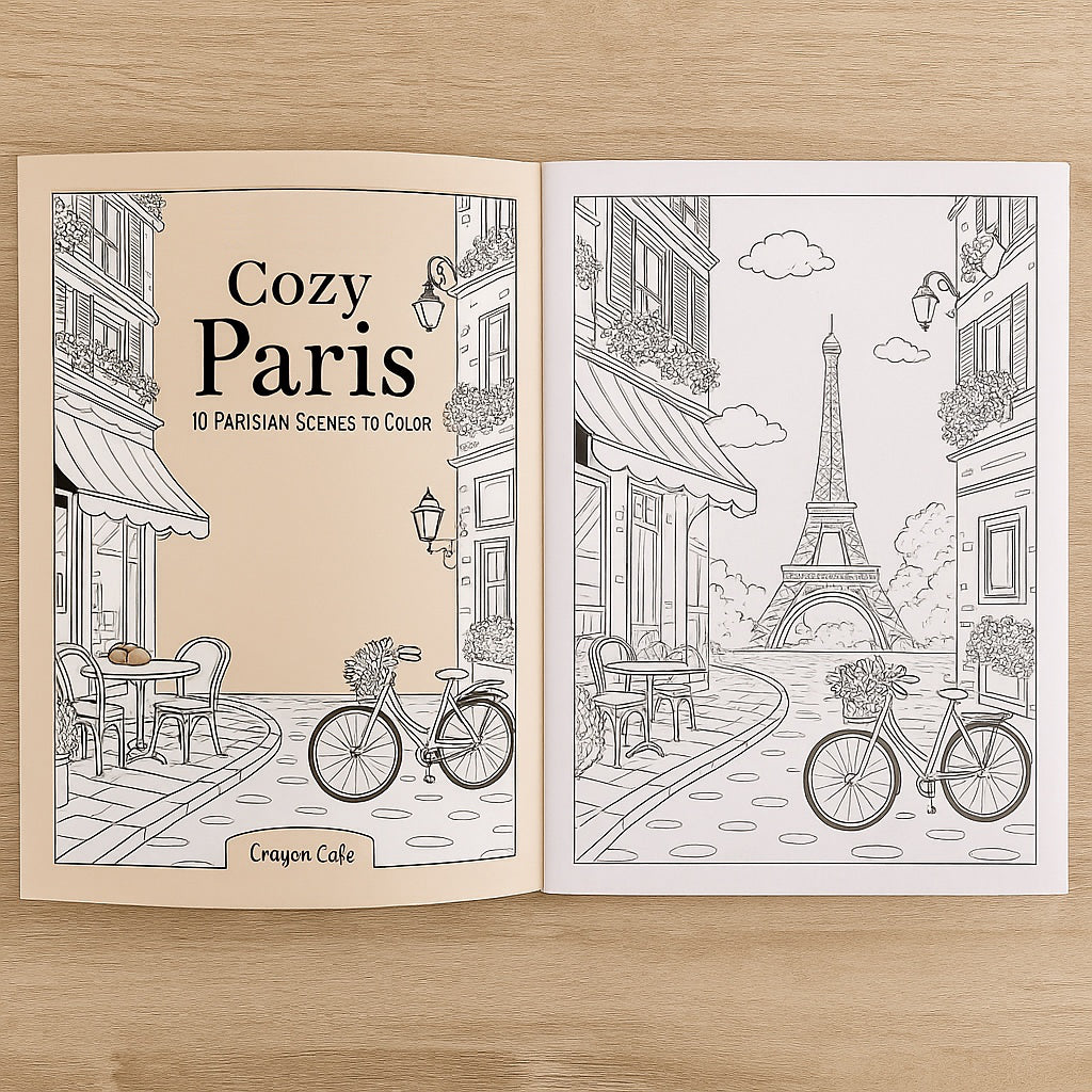 Cozy Paris Coloring Book Volume 1 | 10 Printable Paris Scenes | Adult Coloring Pages Digital Download