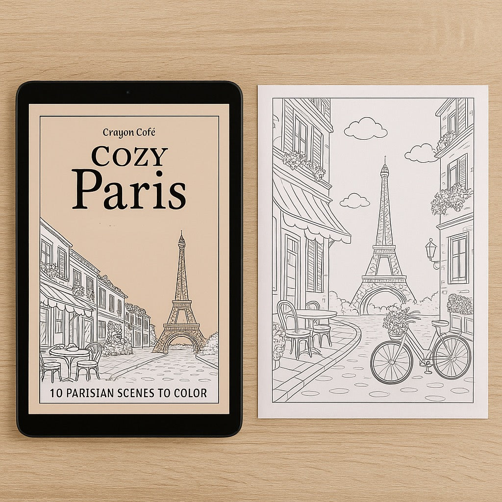 Cozy Paris Coloring Book Volume 1 | 10 Printable Paris Scenes | Adult Coloring Pages Digital Download