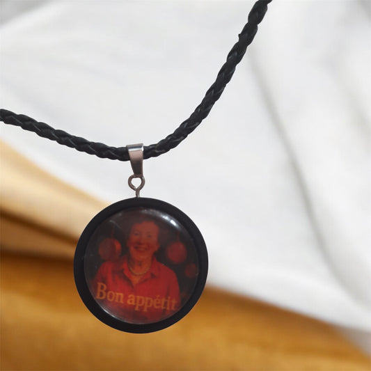 Julia Child retro pendant with black cord necklace