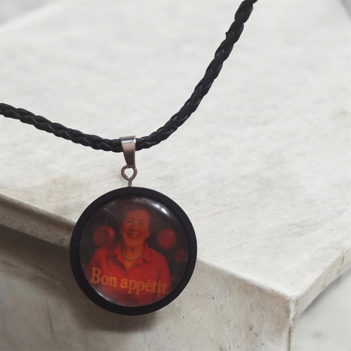 Julia Child retro pendant with black cord necklace