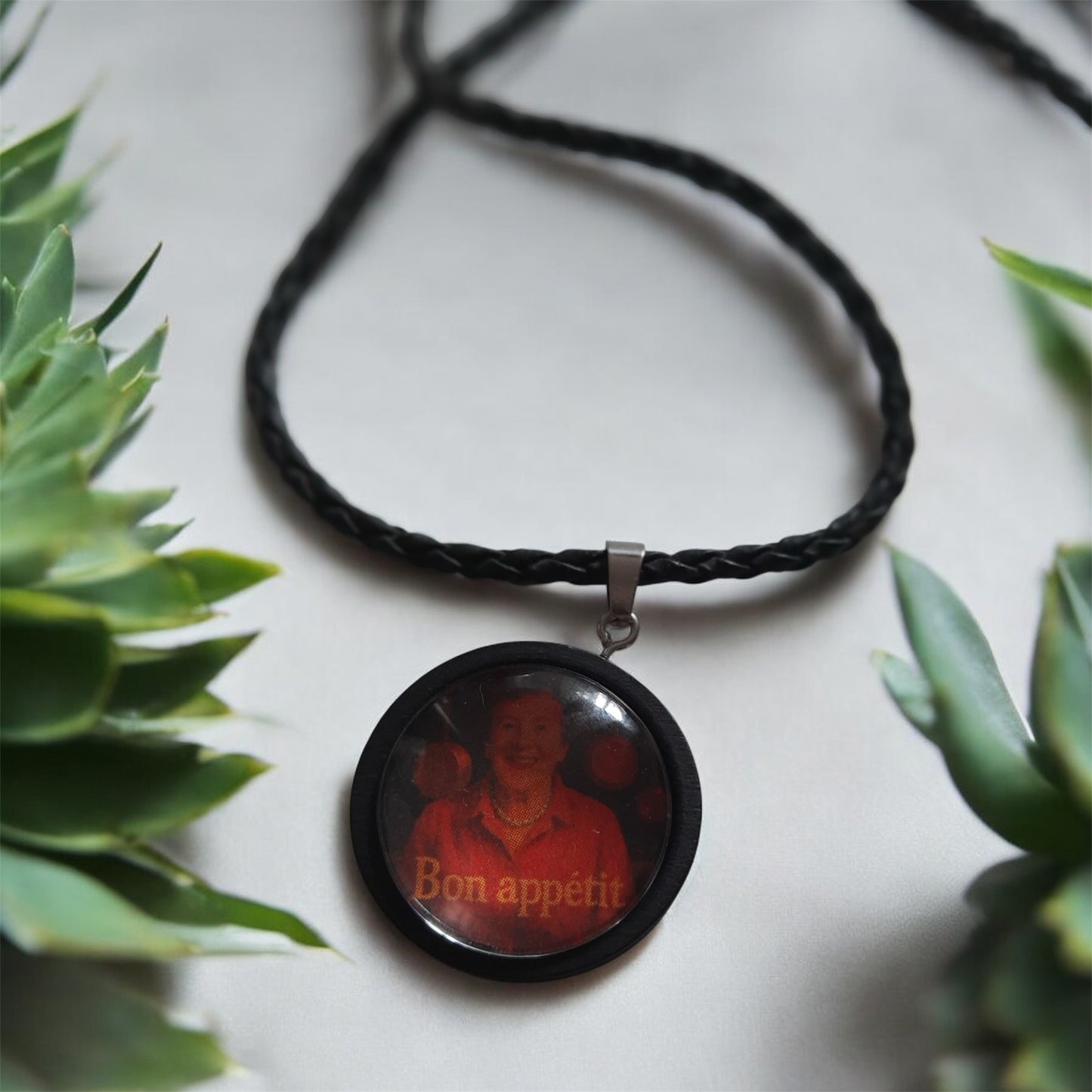 Julia Child retro pendant with black cord necklace